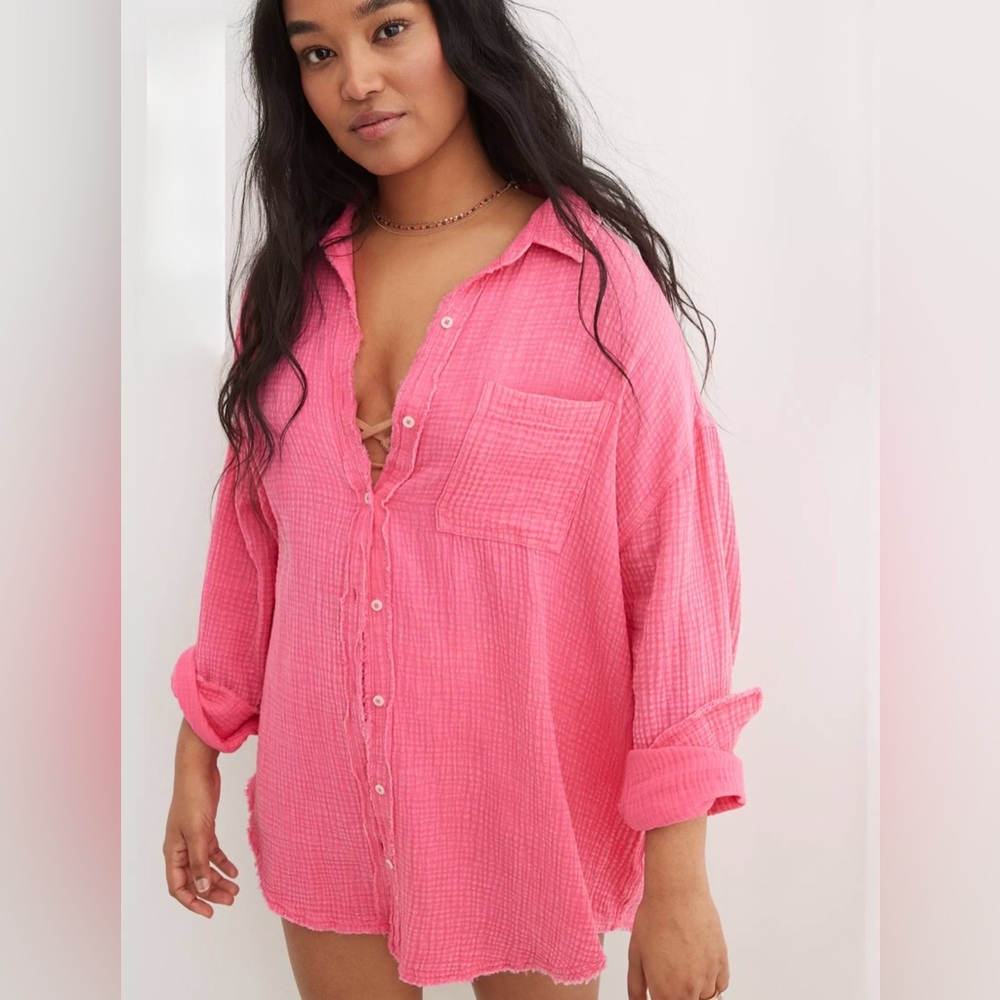 aerie Pink Button-Down Gauze Shirt